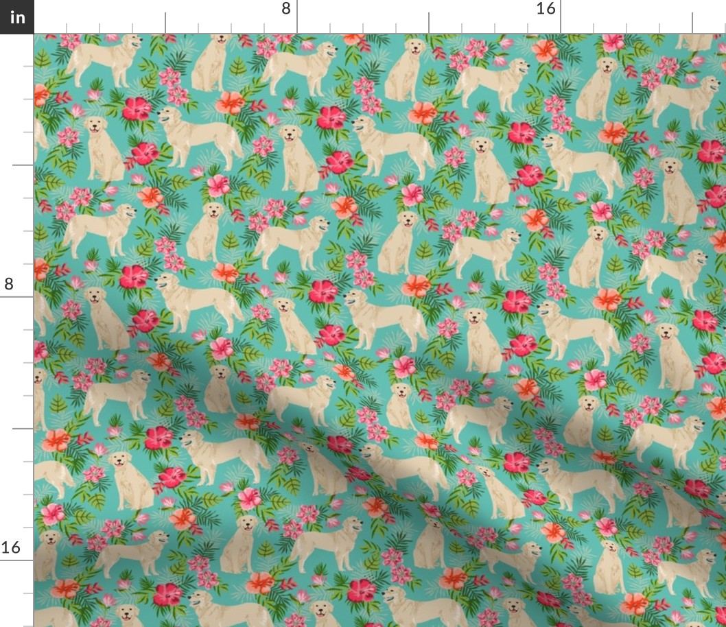 golden retriever hawaiian fabric - dog fabric, hawaiian floral fabric, dog fabric, dogs fabric -  turquoise