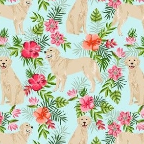 golden retriever hawaiian fabric - dog fabric, hawaiian floral fabric, dog fabric, dogs fabric - light blue