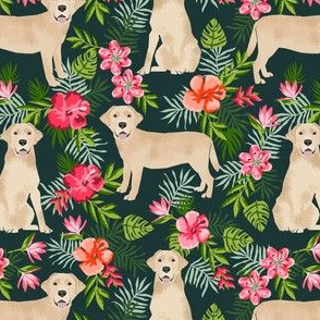 yellow labrador hawaiian fabric - hawaiian floral fabric, dog fabric, labrador fabric, yellow lab fabric -  dark