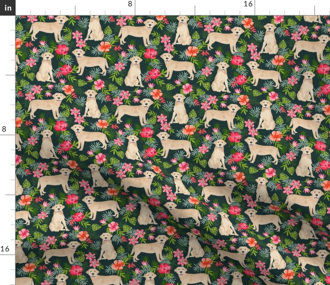 yellow labrador hawaiian fabric - hawaiian floral fabric, dog fabric, labrador fabric, yellow lab fabric -  dark