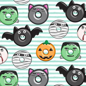 halloween donut medley - cute halloween - aqua stripes - monsters pumpkin frankenstein black cat Dracula C19BS 