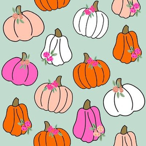 Pumpkin floral fabric - girls Halloween, pumpkin flowers, floral halloween, fall, autumn, cute pumpkin fabric - mint
