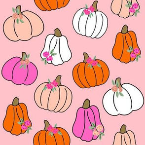 Pumpkin floral fabric - girls Halloween, pumpkin flowers, floral halloween, fall, autumn, cute pumpkin fabric - pink