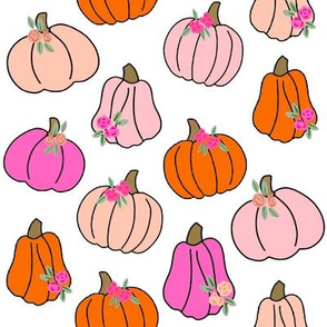 Pumpkin floral fabric - girls Halloween, pumpkin flowers, floral halloween, fall, autumn, cute pumpkin fabric - white And pink
