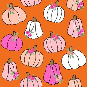 Pumpkin floral fabric - girls Halloween, pumpkin flowers, floral halloween, fall, autumn, cute pumpkin fabric - orange