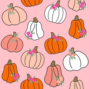 Pumpkin floral fabric - girls Halloween, pumpkin flowers, floral halloween, fall, autumn, cute pumpkin fabric - white