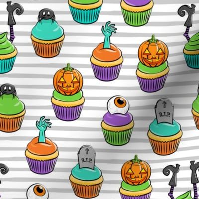 Halloween Cupcakes - fun halloween treats - witch, eyeball, zombie, spider - grey stripes - LAD19