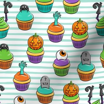 Halloween Cupcakes - fun halloween treats - witch, eyeball, zombie, spider - aqua stripes - LAD19