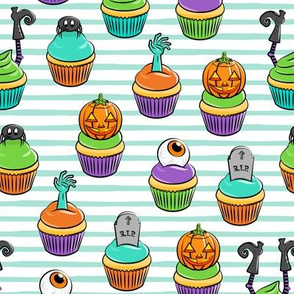 Halloween Cupcakes - fun halloween treats - witch, eyeball, zombie, spider - aqua stripes - LAD19