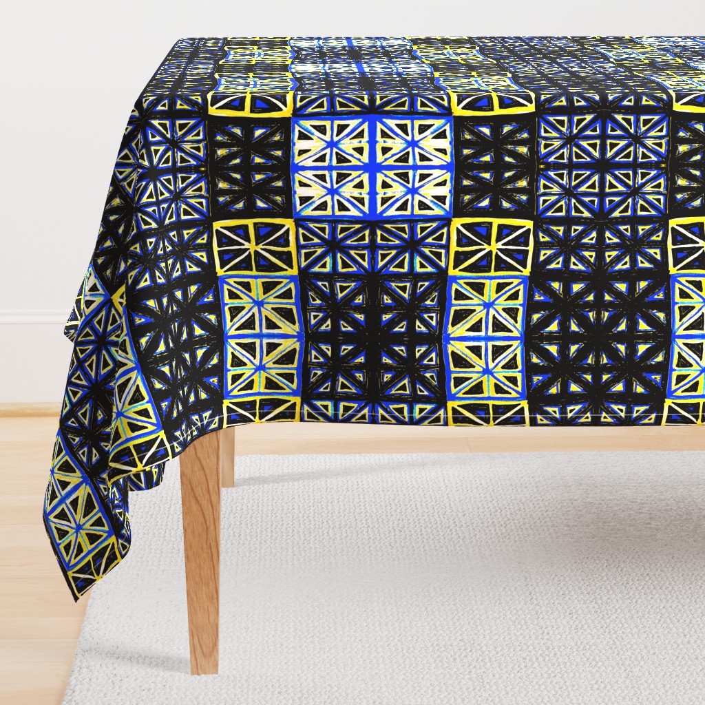 MINIMALIST CHEATER QUILT MUSTARD WHITE BLUE BLACK-MIRROR