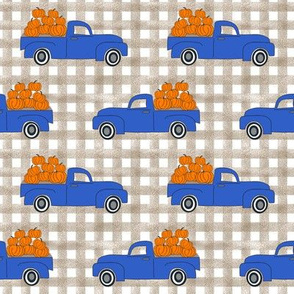 blue pumpkin truck,  little blue truck fabric, pumpkin fabric, fall fabric, farm fabric, boy fabric, girls fabric, trucks fabric - blue with checks