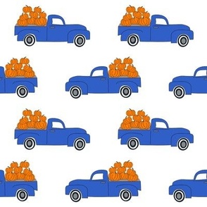 blue pumpkin truck,  little blue truck fabric, pumpkin fabric, fall fabric, farm fabric, boy fabric, girls fabric, trucks fabric -  white