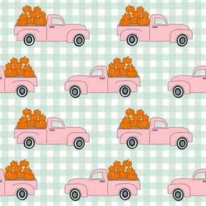 blue pumpkin truck,  little blue truck fabric, pumpkin fabric, fall fabric, farm fabric, boy fabric, girls fabric, trucks fabric -  pink and mint