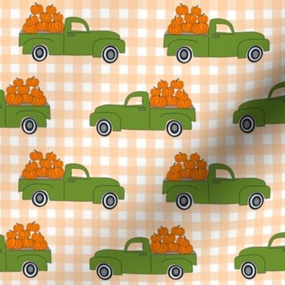 blue pumpkin truck,  little blue truck fabric, pumpkin fabric, fall fabric, farm fabric, boy fabric, girls fabric, trucks fabric -  green