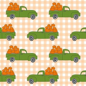blue pumpkin truck,  little blue truck fabric, pumpkin fabric, fall fabric, farm fabric, boy fabric, girls fabric, trucks fabric -  green