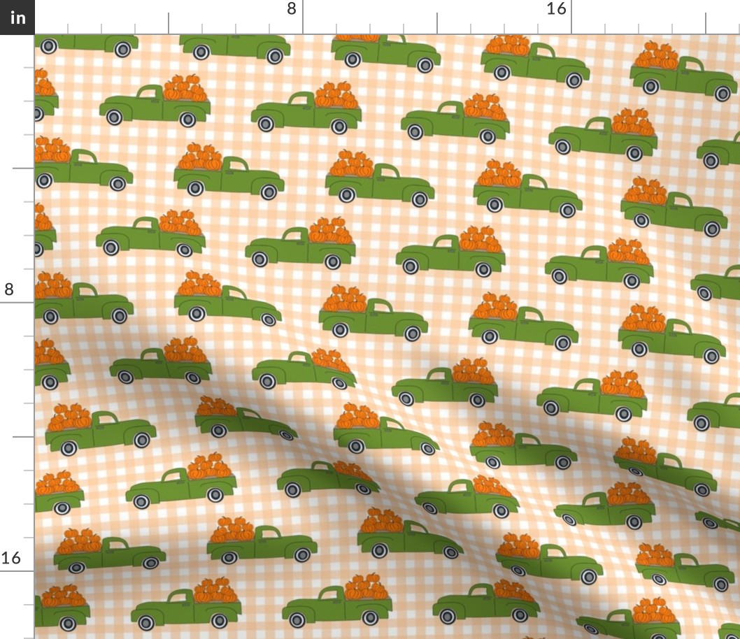 blue pumpkin truck,  little blue truck fabric, pumpkin fabric, fall fabric, farm fabric, boy fabric, girls fabric, trucks fabric -  green