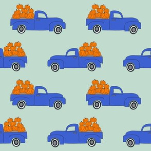 blue pumpkin truck,  little blue truck fabric, pumpkin fabric, fall fabric, farm fabric, boy fabric, girls fabric, trucks fabric - blue