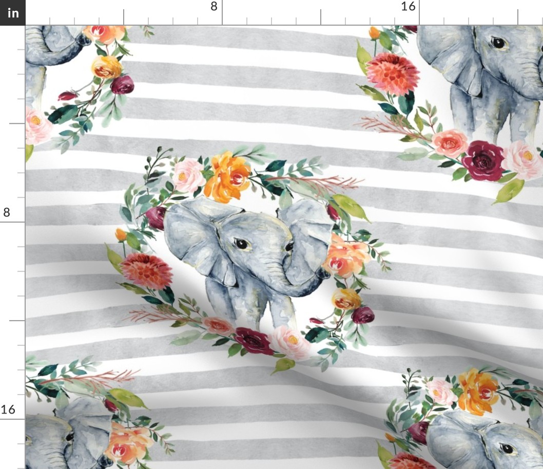 paprika floral elephant wreath on gray stripes