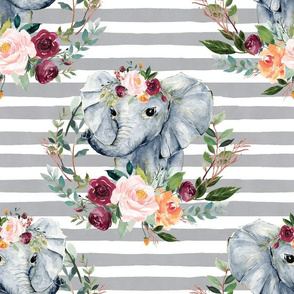 paprika floral elephant on gray stripes