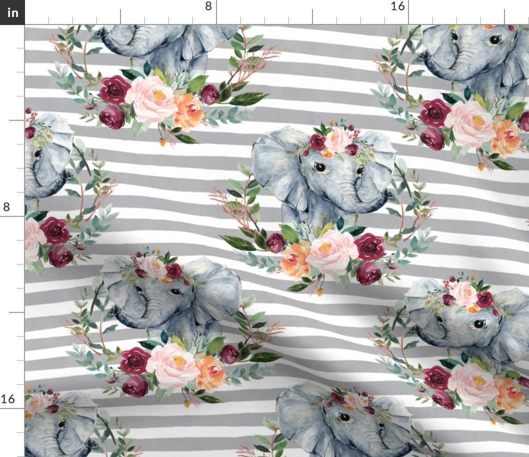 paprika floral elephant on gray stripes