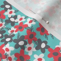 Little floral in teal blue, gray, red and white