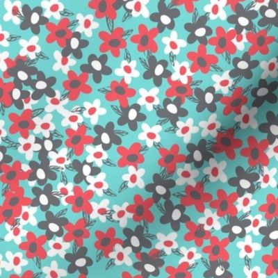 Little floral in teal blue, gray, red and white