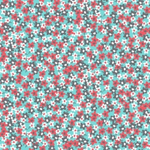 Little floral in teal blue, gray, red and white