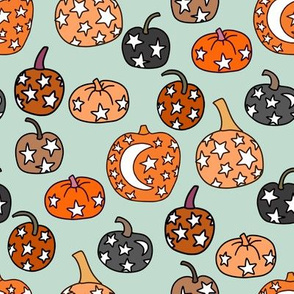 mystical pumpkin fabric, scary fabric, halloween fabric, fall fabric, stars, star fabric, pumpkins, magic pumpkins, magic - mint