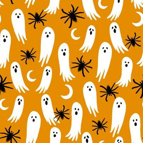 ghosts and spiders fabric - halloween fabric, spider fabric, ghost fabric, scary fabric, creepy fabric -  orange