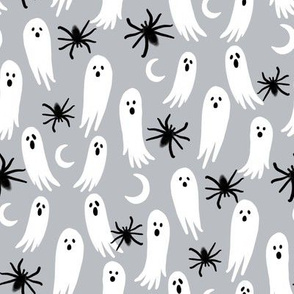 ghosts and spiders fabric - halloween fabric, spider fabric, ghost fabric, scary fabric, creepy fabric -  grey