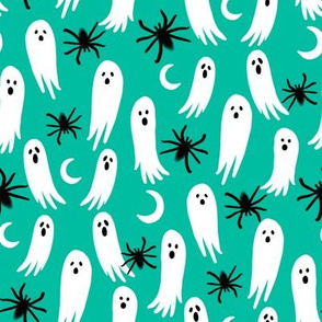 ghosts and spiders fabric - halloween fabric, spider fabric, ghost fabric, scary fabric, creepy fabric - green