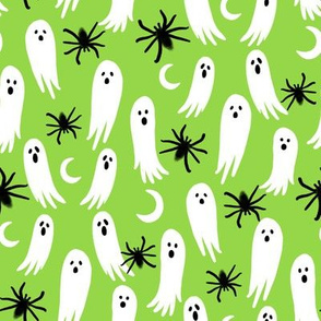 ghosts and spiders fabric - halloween fabric, spider fabric, ghost fabric, scary fabric, creepy fabric - lime
