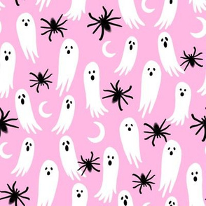 ghosts and spiders fabric - halloween fabric, spider fabric, ghost fabric, scary fabric, creepy fabric -  pink