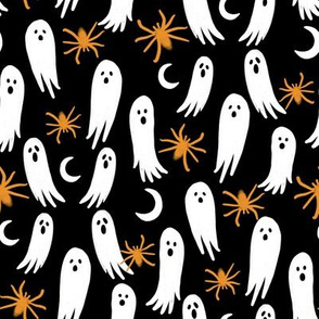 ghosts and spiders fabric - halloween fabric, spider fabric, ghost fabric, scary fabric, creepy fabric -  black and  orange