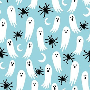ghosts and spiders fabric - halloween fabric, spider fabric, ghost fabric, scary fabric, creepy fabric - blue