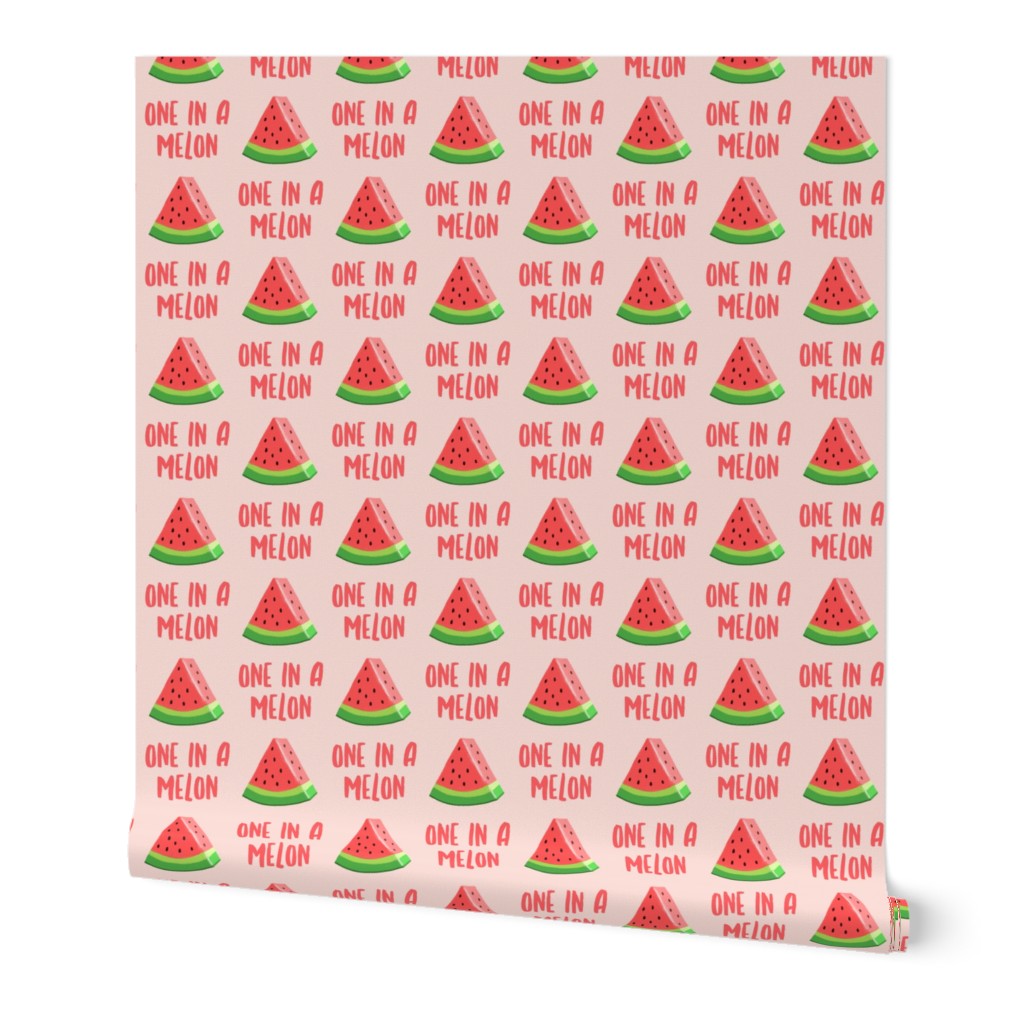 one in a melon - red on light pink - watermelon summer fruit - LAD19
