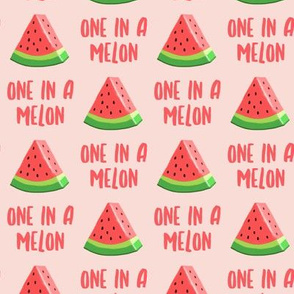 one in a melon - red on light pink - watermelon summer fruit - LAD19