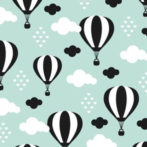 Soft pastel clouds black and white hot air balloon and love sky scandinavian style illustration pattern mint