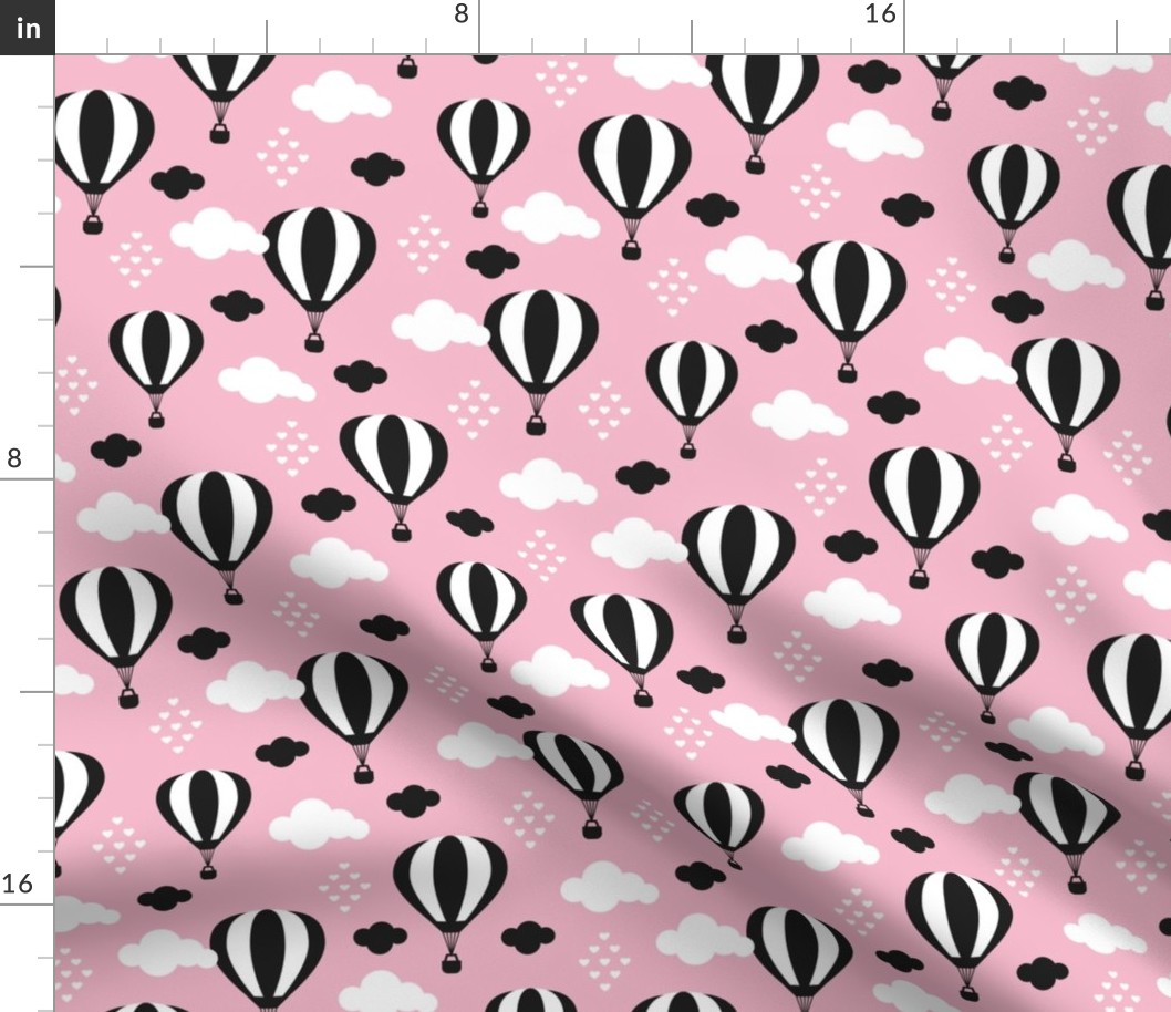 Soft pastel clouds black and white hot air balloon and love sky scandinavian style illustration pattern pink