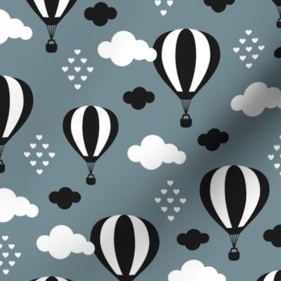 Soft pastel clouds black and white hot air balloon and love sky scandinavian style illustration pattern stone blue winter