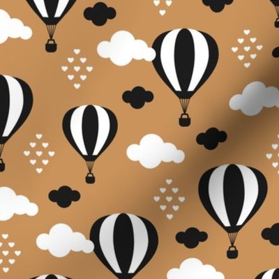 Soft pastel clouds black and white hot air balloon and love sky scandinavian style illustration pattern brown rust