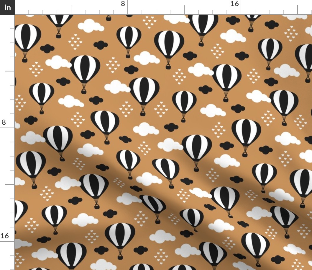 Soft pastel clouds black and white hot air balloon and love sky scandinavian style illustration pattern brown rust
