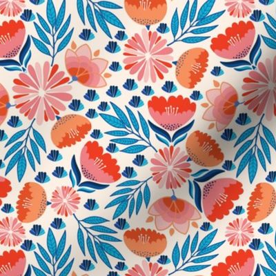Pink Blue Flowers on Beige, Forest Jungle Flora, Bright and Happy