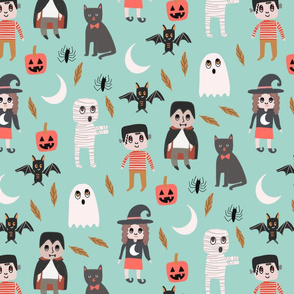 Halloween town fabric, cute creepy scary Halloween fabric, ghost fabric, witch fabric, cat fabric - mint