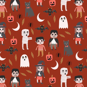 Halloween town fabric, cute creepy scary Halloween fabric, ghost fabric, witch fabric, cat fabric - rust