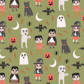 Halloween town fabric, cute creepy scary Halloween fabric, ghost fabric, witch fabric, cat fabric - greEn