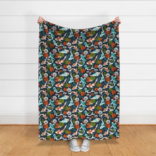 Koi Pond - Large Scale Navy Orange Fabric | Spoonflower