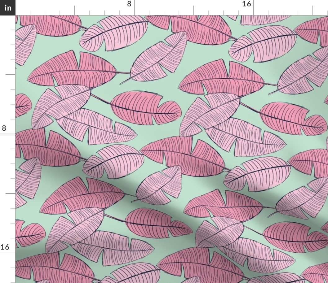 Lush leaves palm tree leaf garden tropical summer vibes and surf beach dreams mint green pink