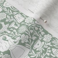 alice in wonderland linocut - linocut fabric, block print fabric, storybook fabric, andrea lauren fabric, andrea lauren design -  sage