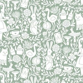 alice in wonderland linocut - linocut fabric, block print fabric, storybook fabric, andrea lauren fabric, andrea lauren design -  sage